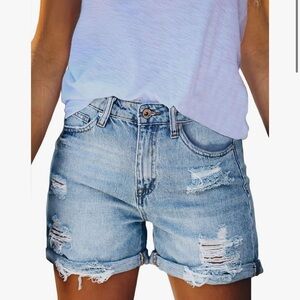 Women's High Waisted Denim Shorts Ripped Hem Frayed Distressed Short Jeans